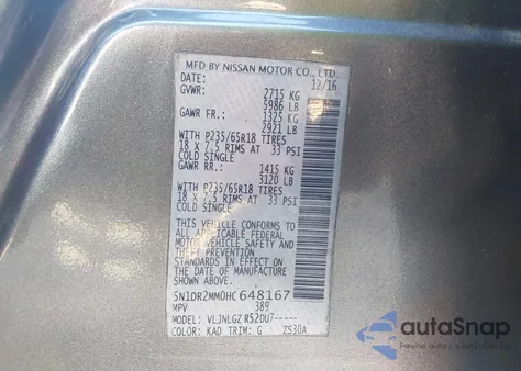 2017 Nissan Pathfinder Sl из США, поврежденный, VIN 5N1DR2MM0HC648167